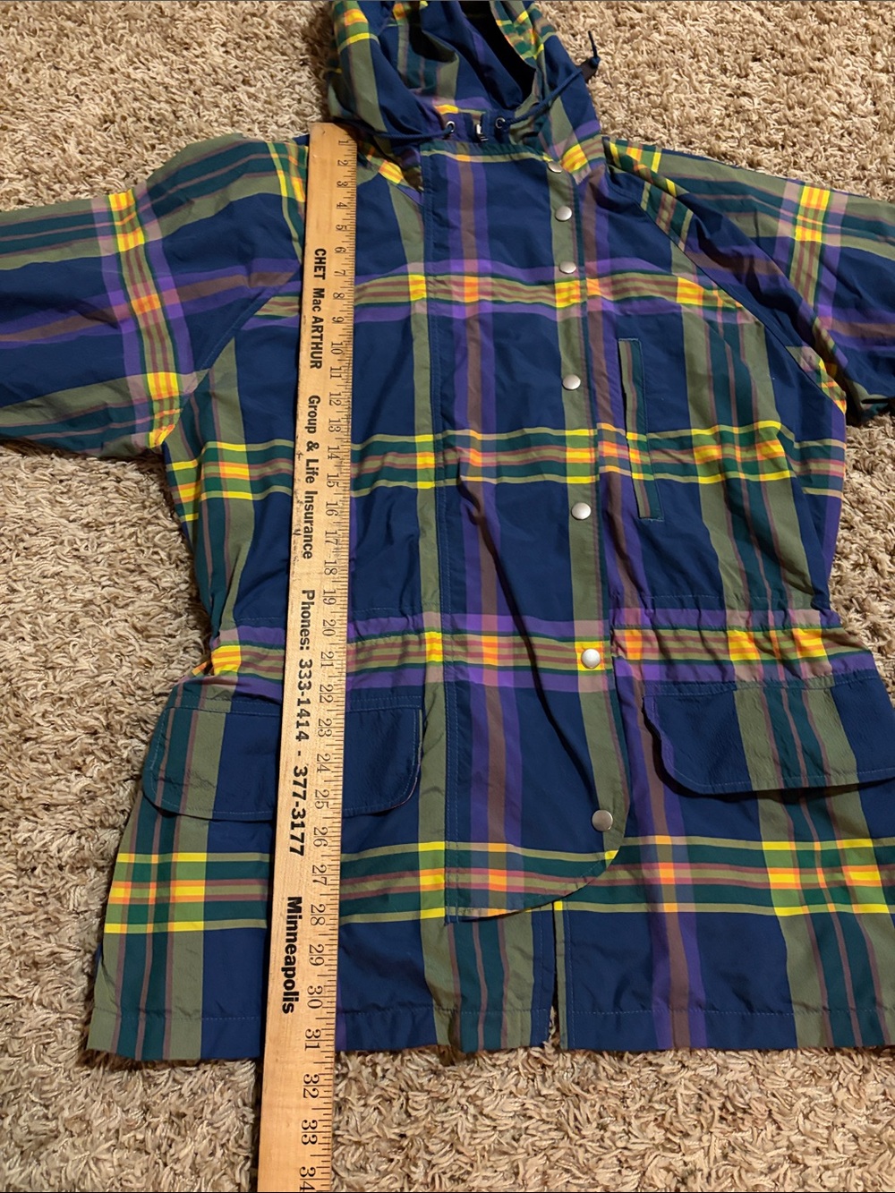 Polo Ralph Lauren Madras Plaid Hooded Anorak Jacket in Navy, Green & Yellow Y2K - Picture 6 of 10